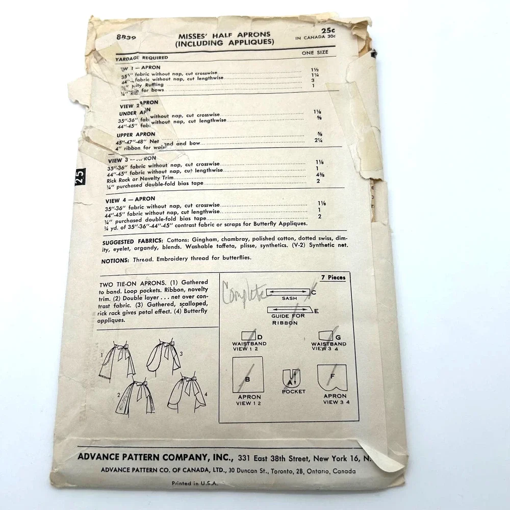 Advance Vintage 1950's Pattern‎ #8839 Half Apron One Size